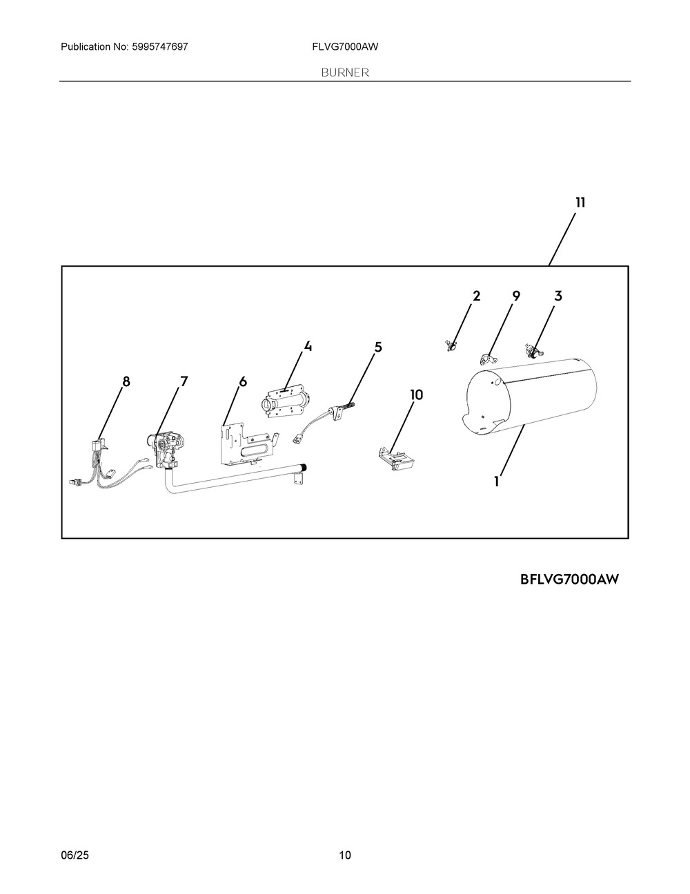 Burner Diagram and Parts List for FLVG7000AW  Frigidaire Dryer