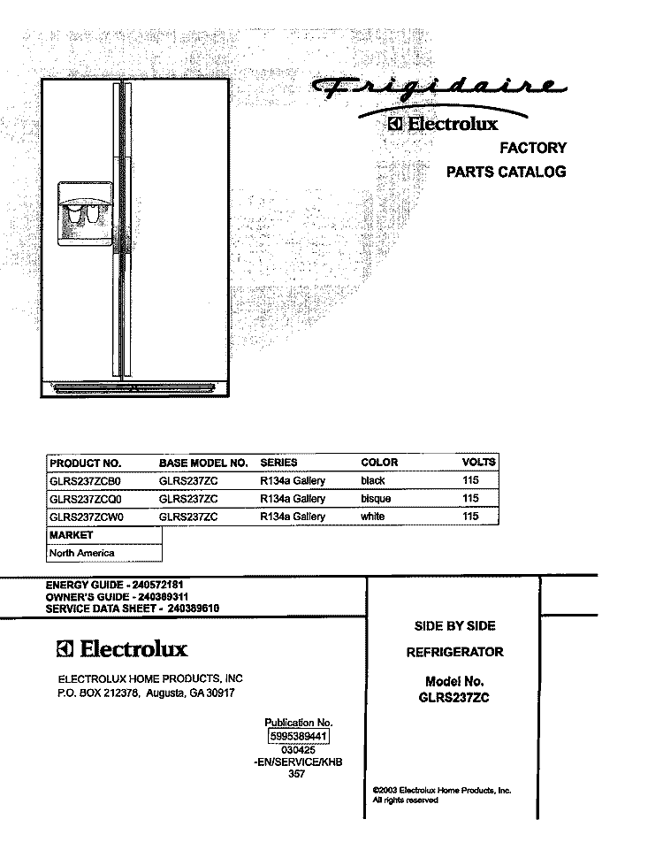 COVER Diagram and Parts List for GLRS237ZCB0  Frigidaire Refrigerator