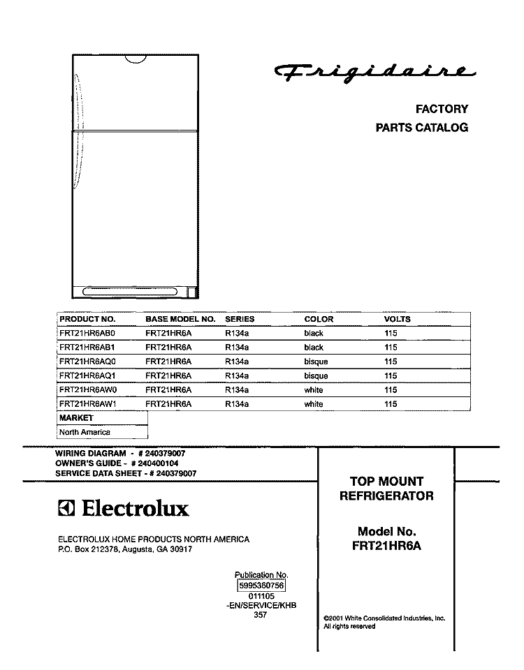COVER Diagram and Parts List for FRT21HR6AB1  Frigidaire Refrigerator