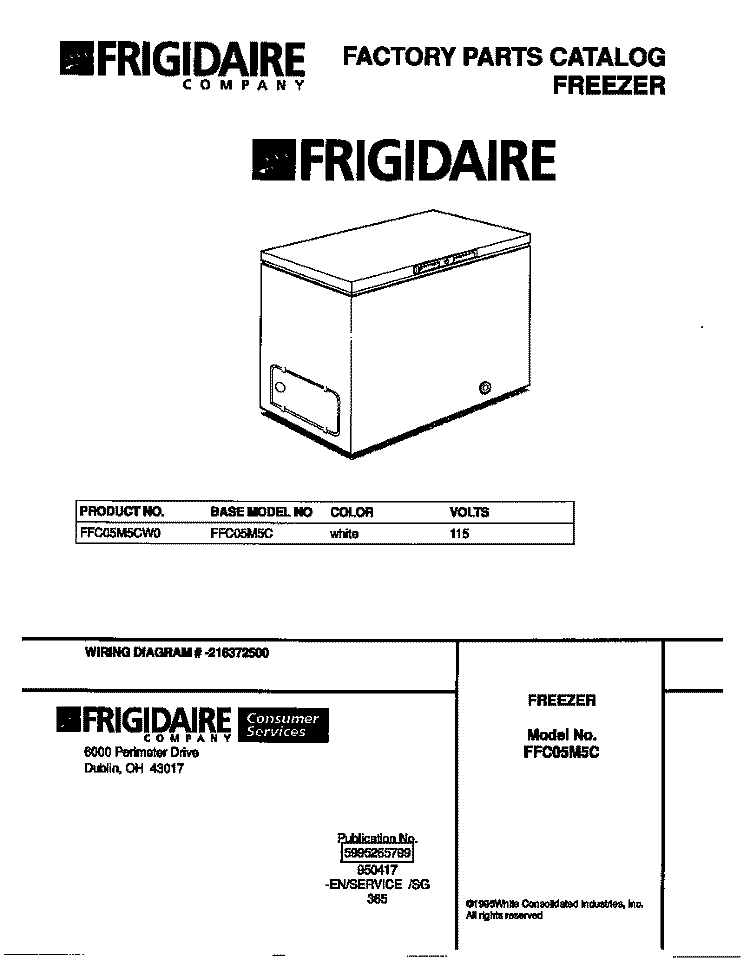 COVER Diagram and Parts List for FFC05M5CW0  Frigidaire Freezer