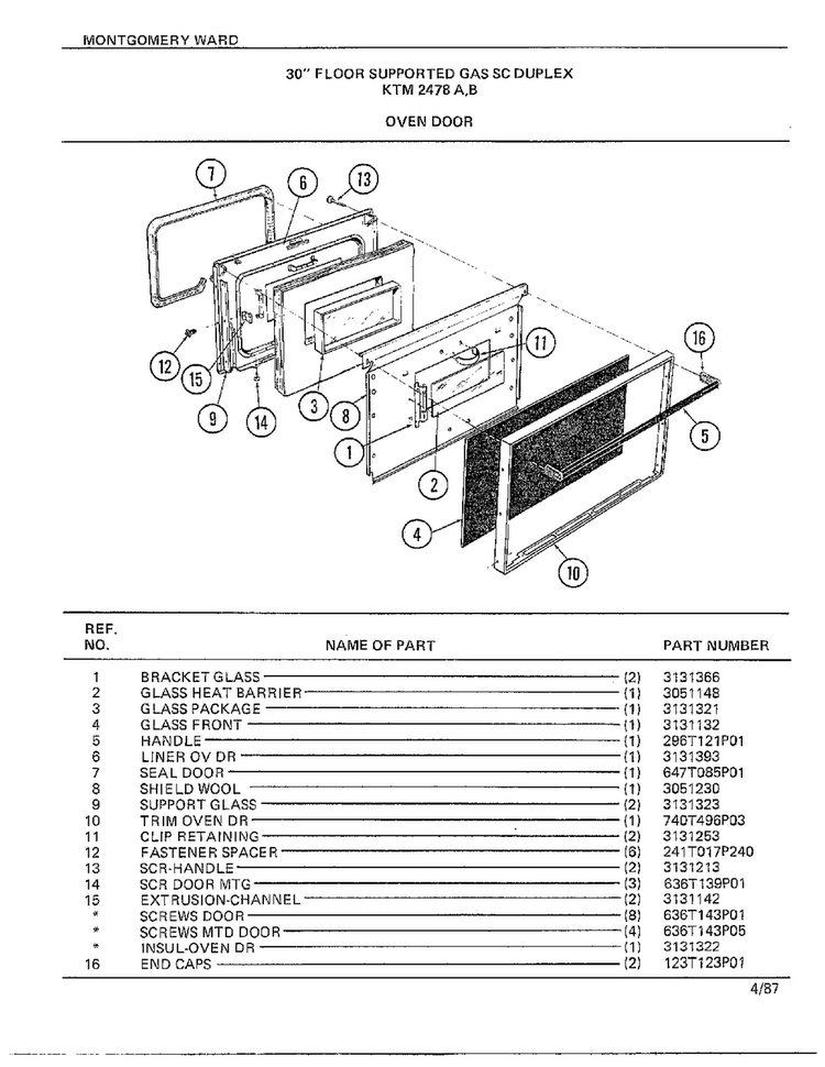 30" Floor/oven Door Diagram and Parts List for 2478A  Frigidaire Range