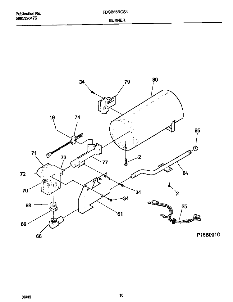 P16B0010 BURNER, VALVE Diagram and Parts List for FDGB55RGS1  Frigidaire Dryer