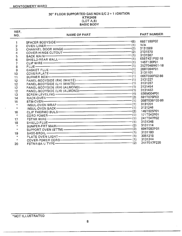 30` Floor Basic Body Page 2 Diagram and Parts List for 2438A  Frigidaire Range