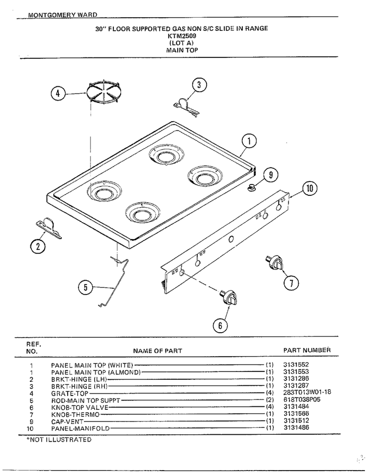 Main Top Diagram and Parts List for 2509A  Frigidaire Range