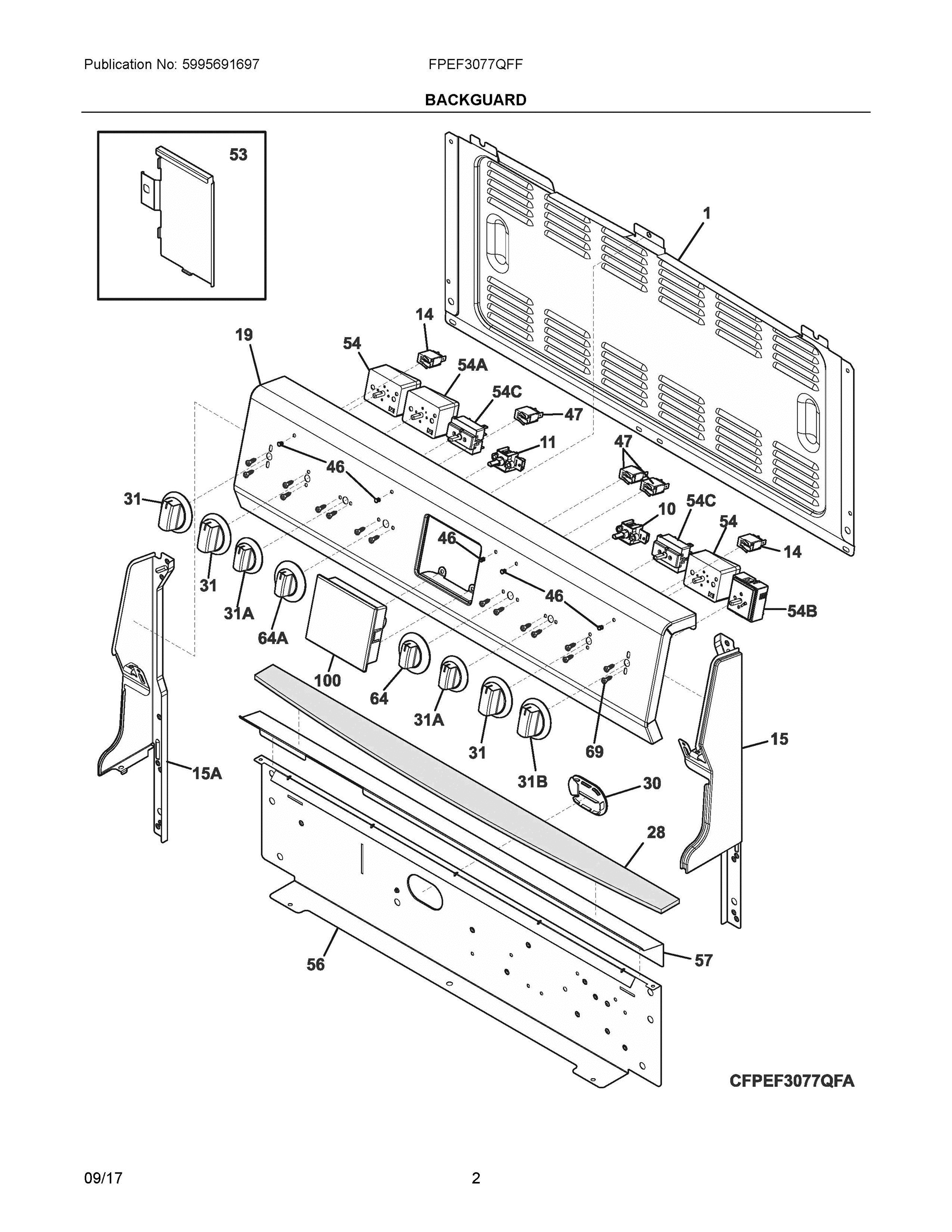 02 - BACKGUARD Diagram and Parts List for FPEF3077QFF  Frigidaire Range