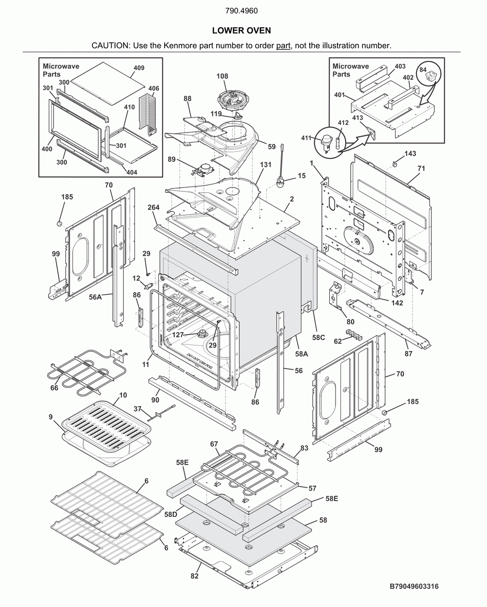 Lower oven Diagram and Parts List for 79049602317  Kenmore Microwave