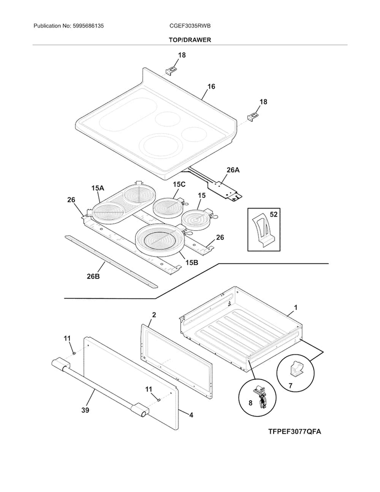 Top/drawer Diagram and Parts List for CGEF3035RWB  Frigidaire Range