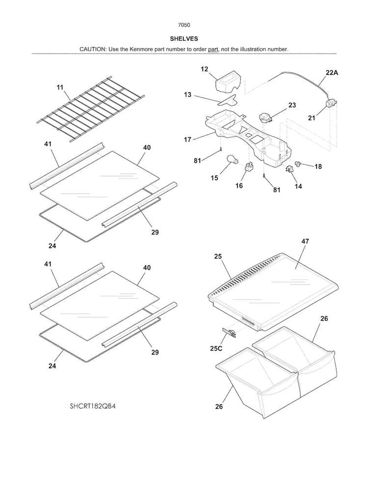 Shelves Diagram and Parts List for 25370504612  Kenmore Refrigerator