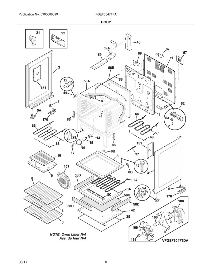 Body Diagram and Parts List for FGEF3047TFA  Frigidaire Range