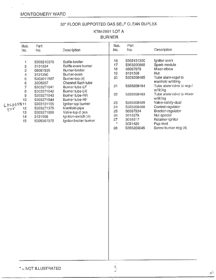 Burner Page 2 Diagram and Parts List for 2891  Frigidaire Range