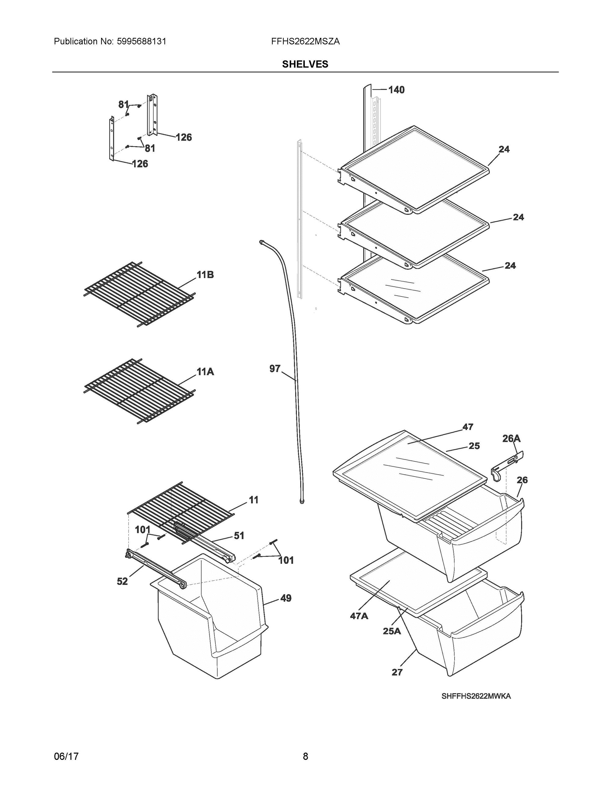05 - SHELVES Diagram and Parts List for FFHS2622MSZA  Frigidaire Refrigerator
