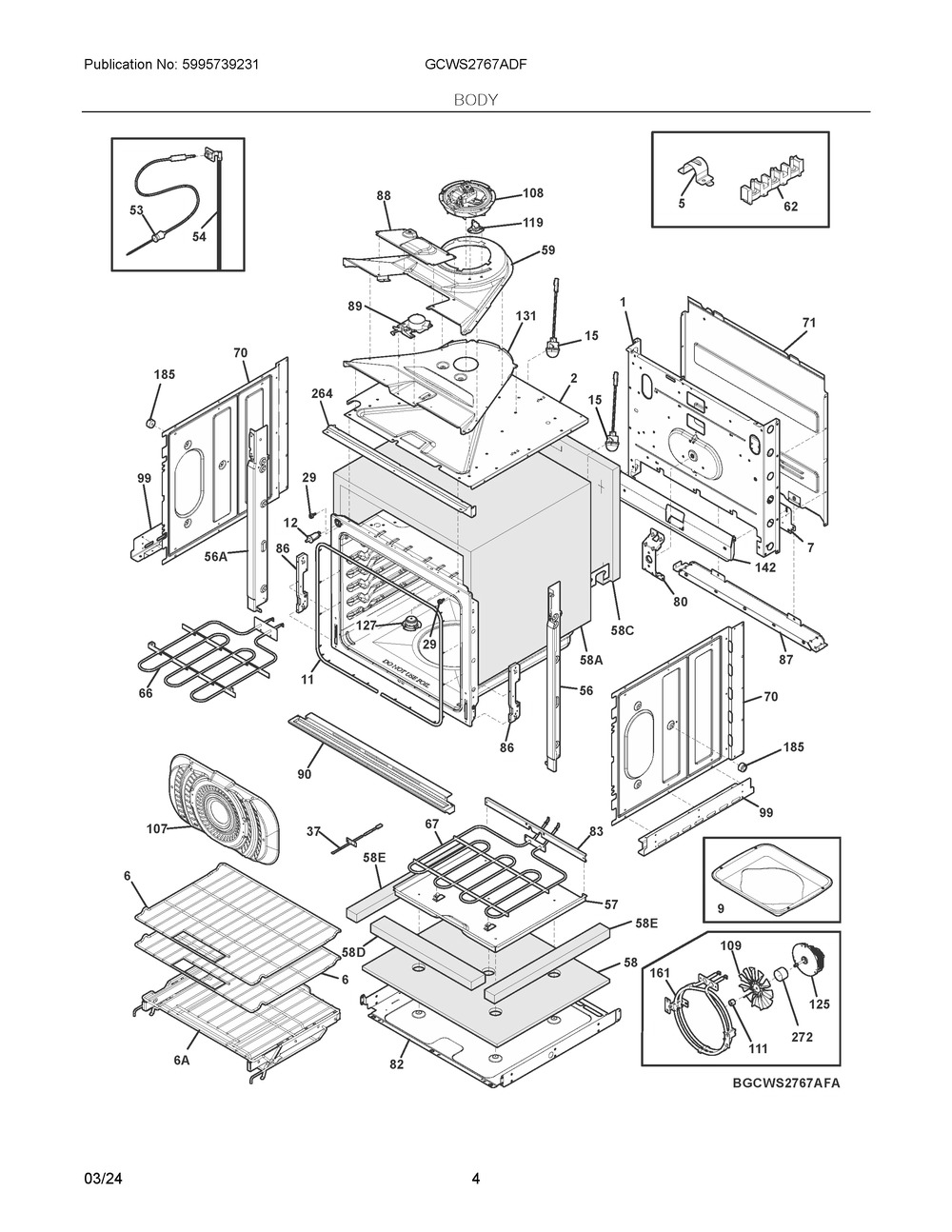 Body Diagram and Parts List for GCWS2767ADF  Frigidaire Wall Oven