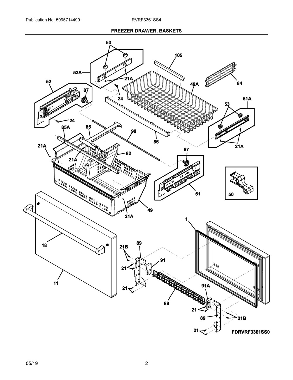 Freezer Drawer, Baskets Diagram and Parts List for RVRF3361SS4  Frigidaire Refrigerator