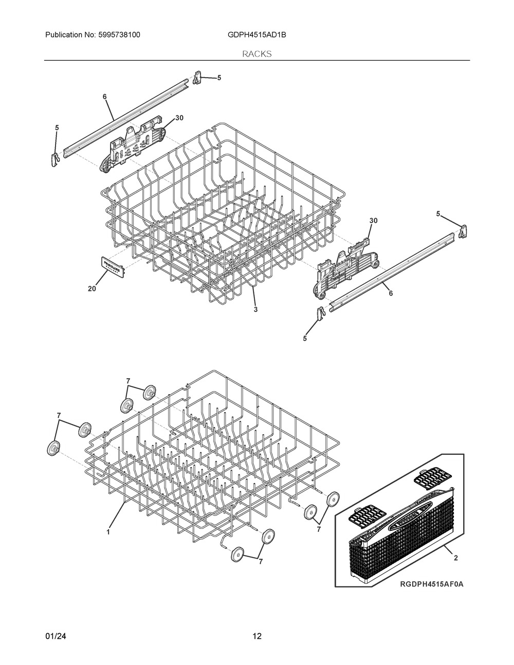Racks Diagram and Parts List for GDPH4515AD1B  Frigidaire Dishwasher