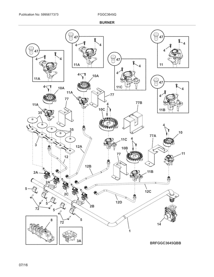 Burners Diagram and Parts List for FGGC3645QBB  Frigidaire Cooktop