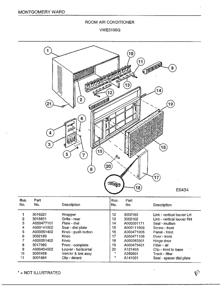 Room Air Conditioner Diagram and Parts List for 5198G  Frigidaire Air Conditioner