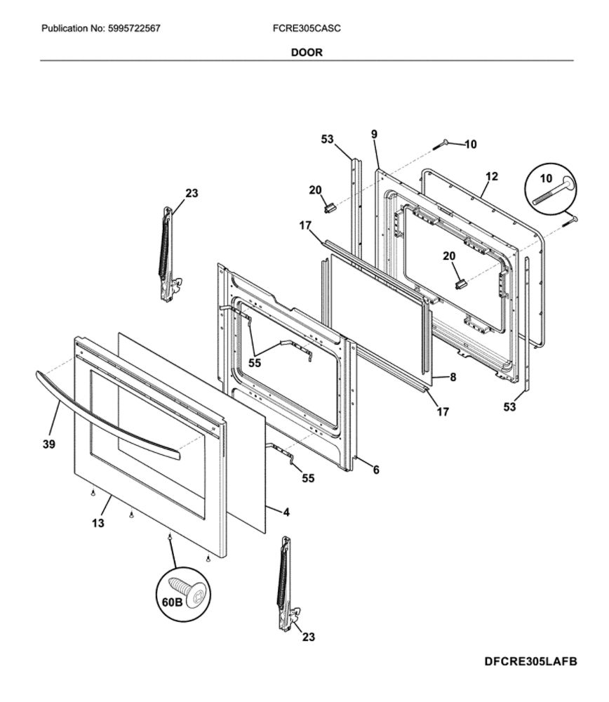 Door Diagram and Parts List for FCRE305CASC  Frigidaire Range