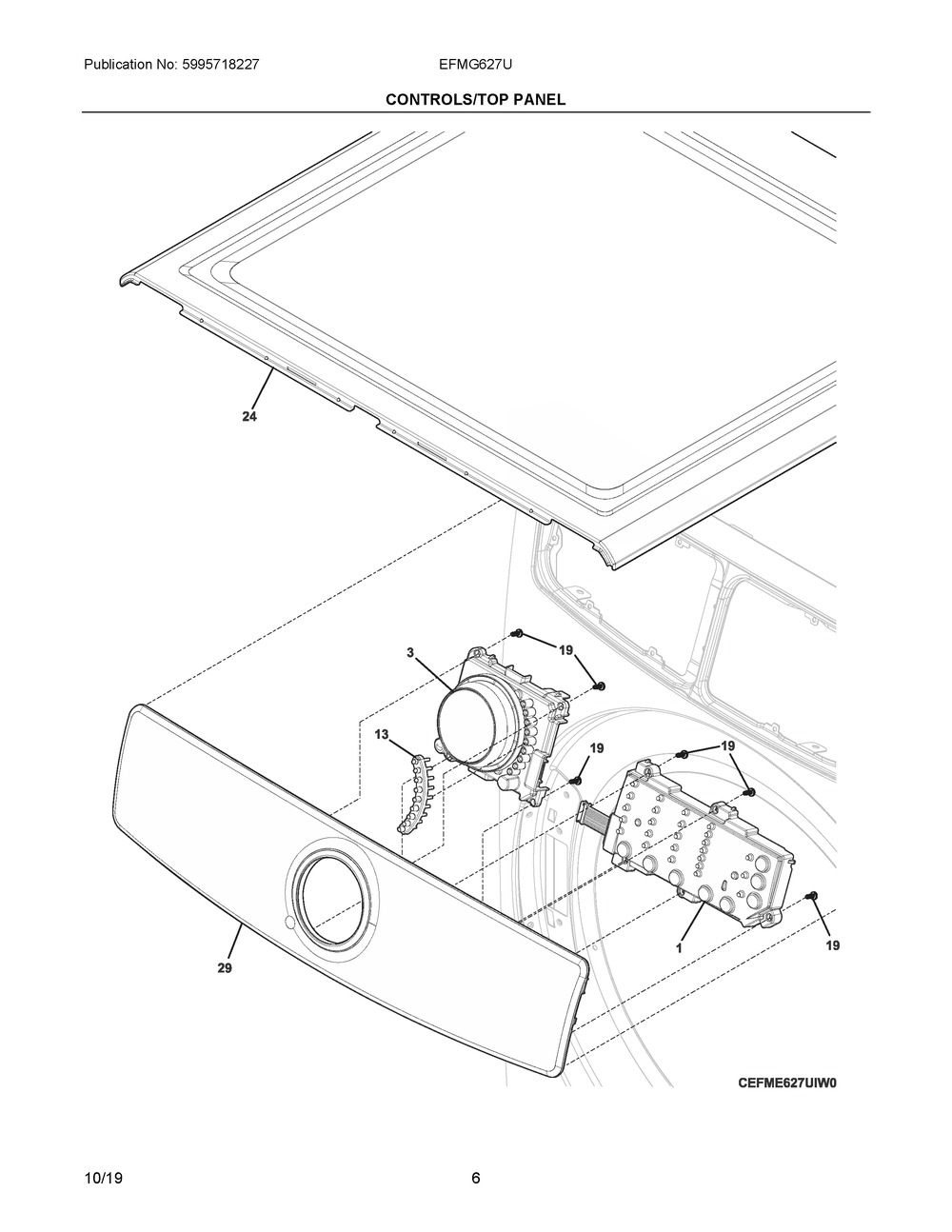Controls/top Panel Diagram and Parts List for EFMG627UTT0  Frigidaire Dryer