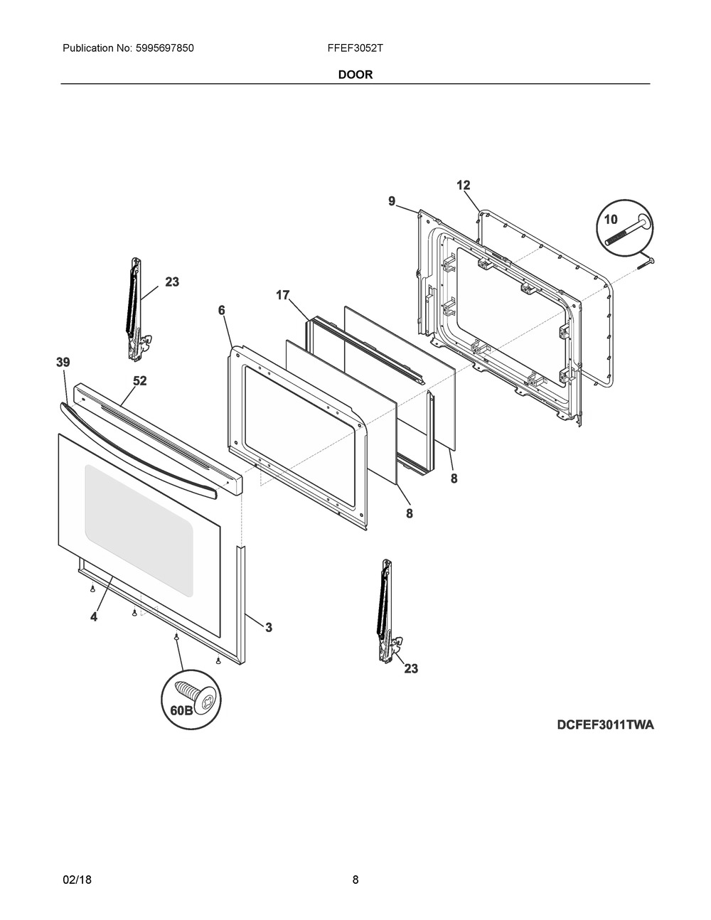 Door Diagram and Parts List for FFEF3052TBA  Frigidaire Range