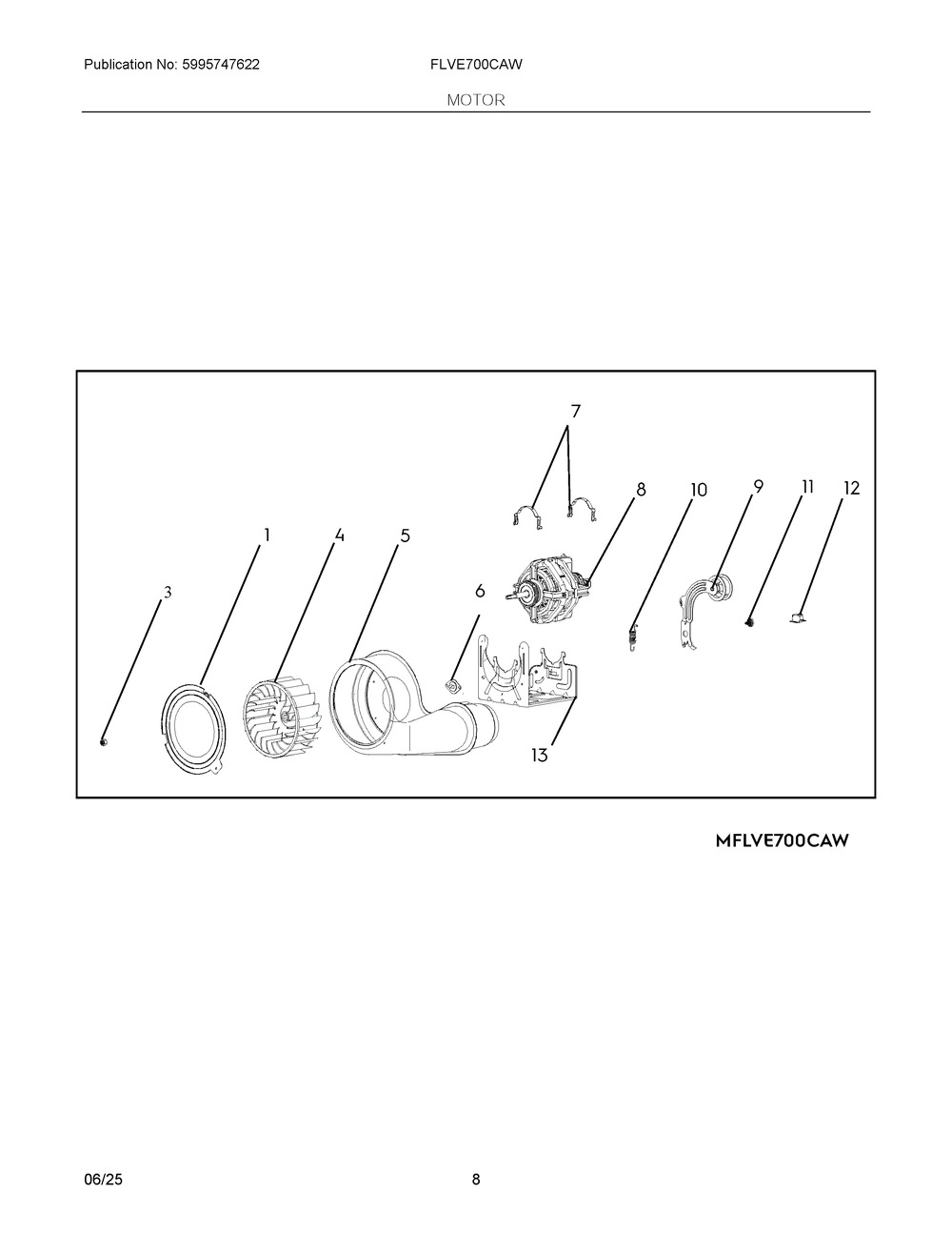 Motor Diagram and Parts List for FLVE700CAW  Frigidaire Dryer