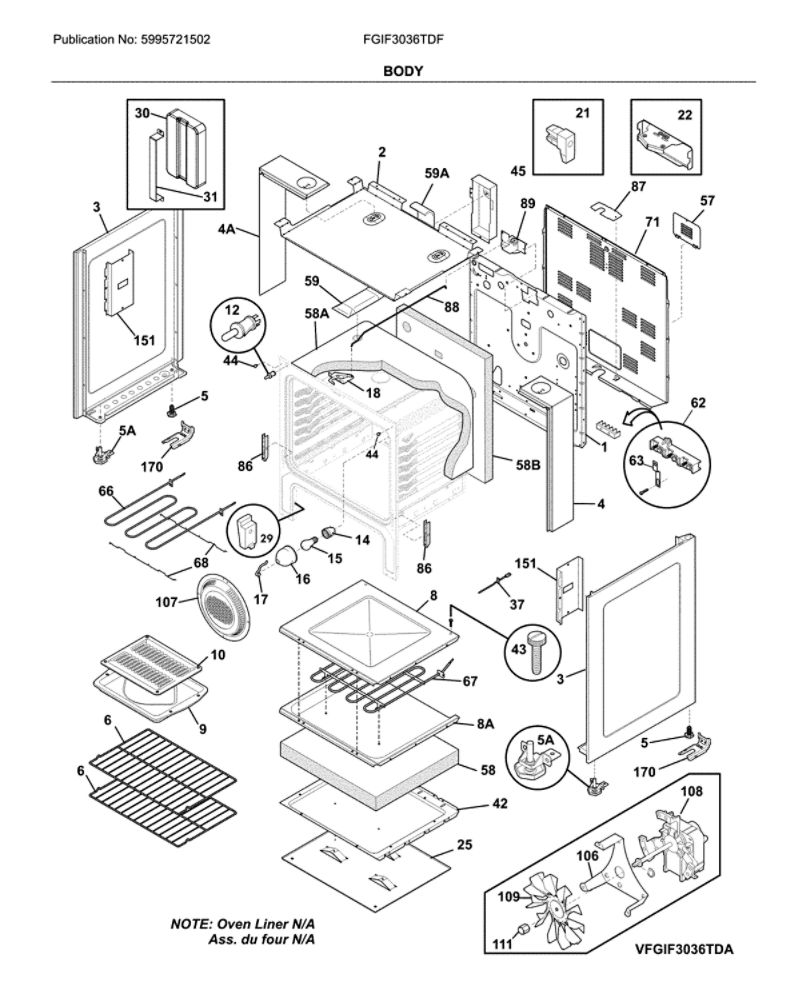 Body Diagram and Parts List for FGIF3036TDF  Frigidaire Range
