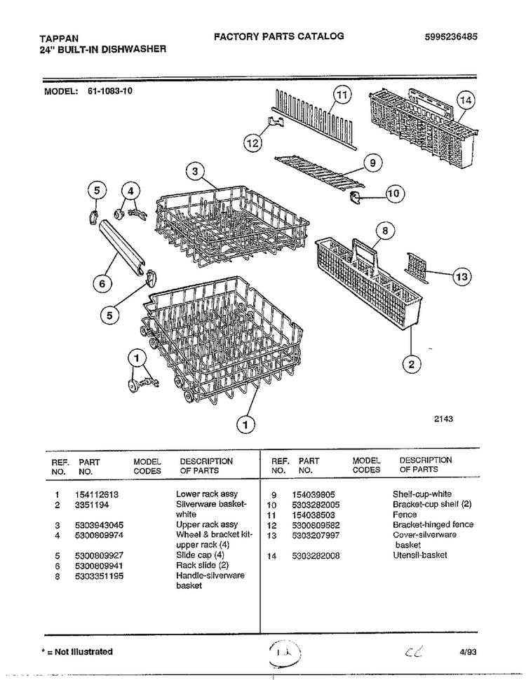 Upper/lower Rack Diagram and Parts List for 61-1083-10  Frigidaire Dishwasher