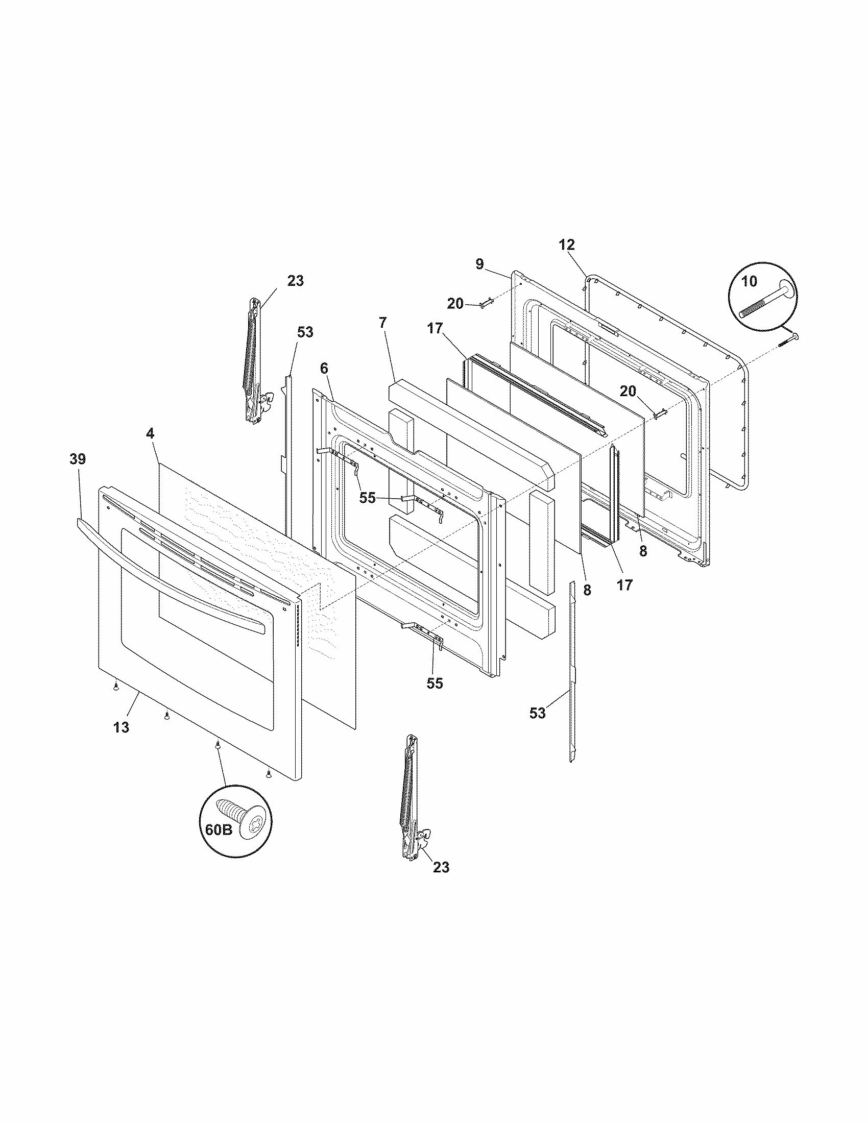 Door Diagram and Parts List for 79092513210  Kenmore Range