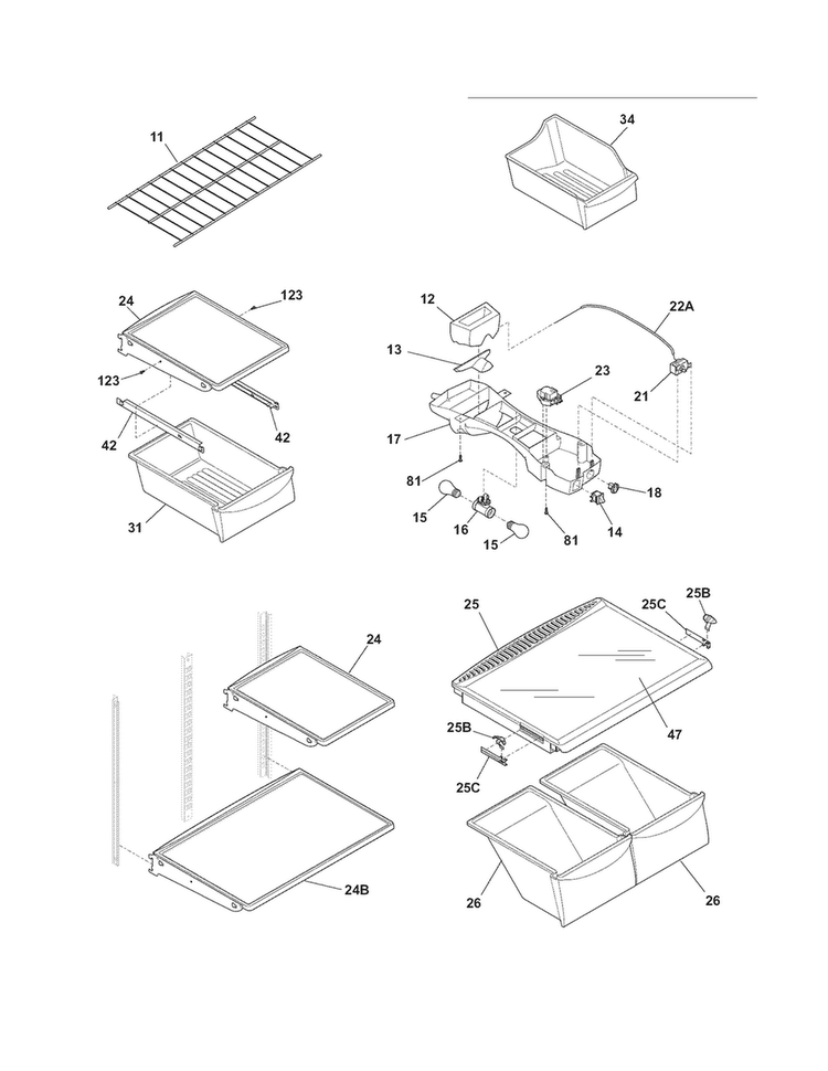 Shelves Diagram and Parts List for DGHT2144KF4  Frigidaire Refrigerator
