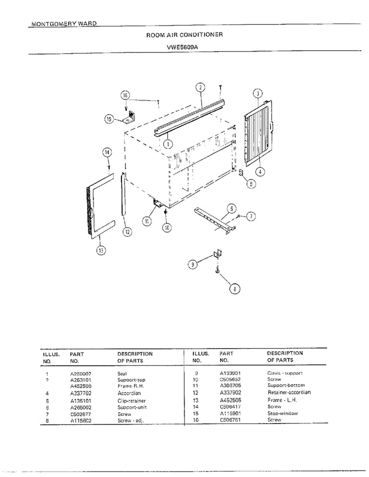 Room Air Conditioner Page 5 Diagram and Parts List for 5609A  Frigidaire Air Conditioner
