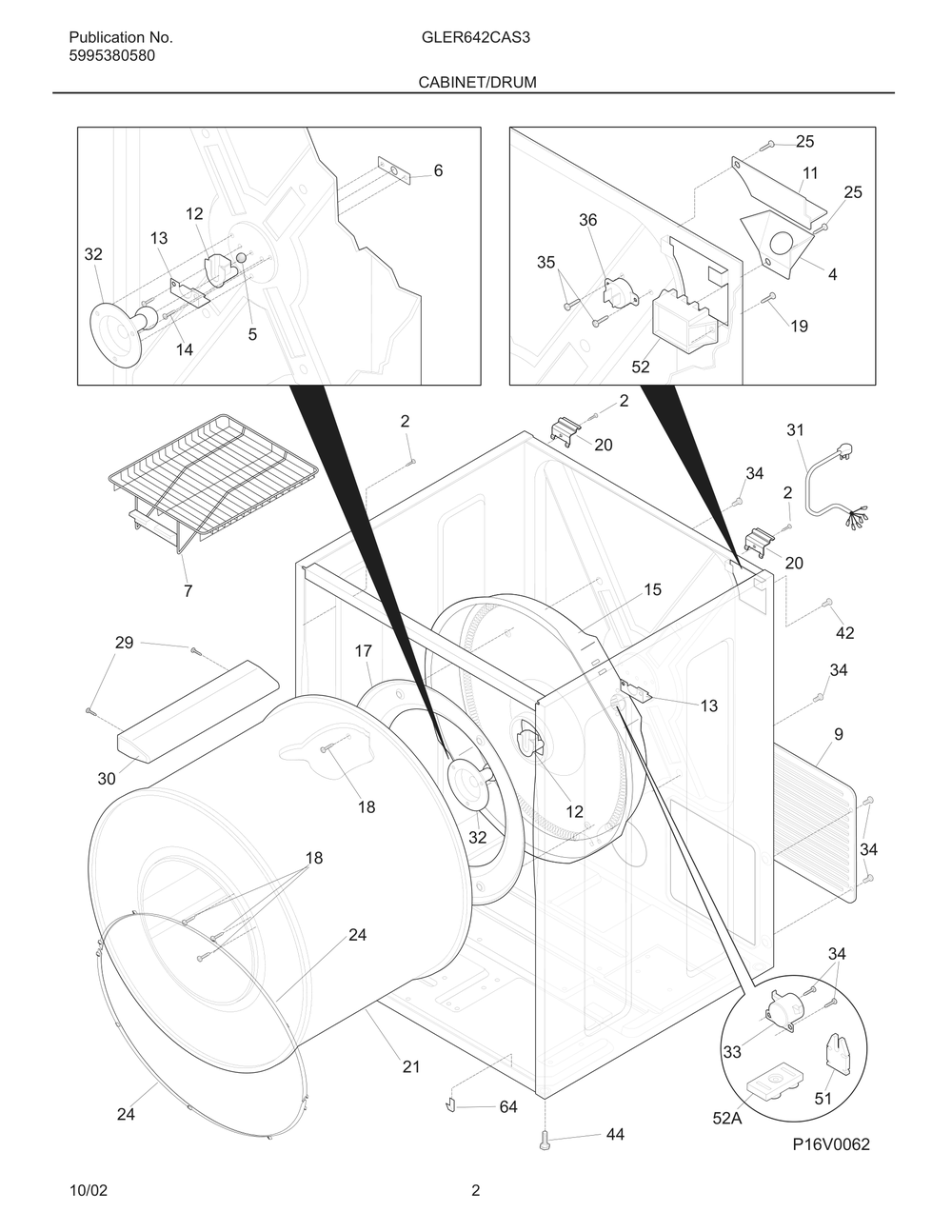Cabinet/Drum Diagram and Parts List for GLER642CAS3  Frigidaire Dryer