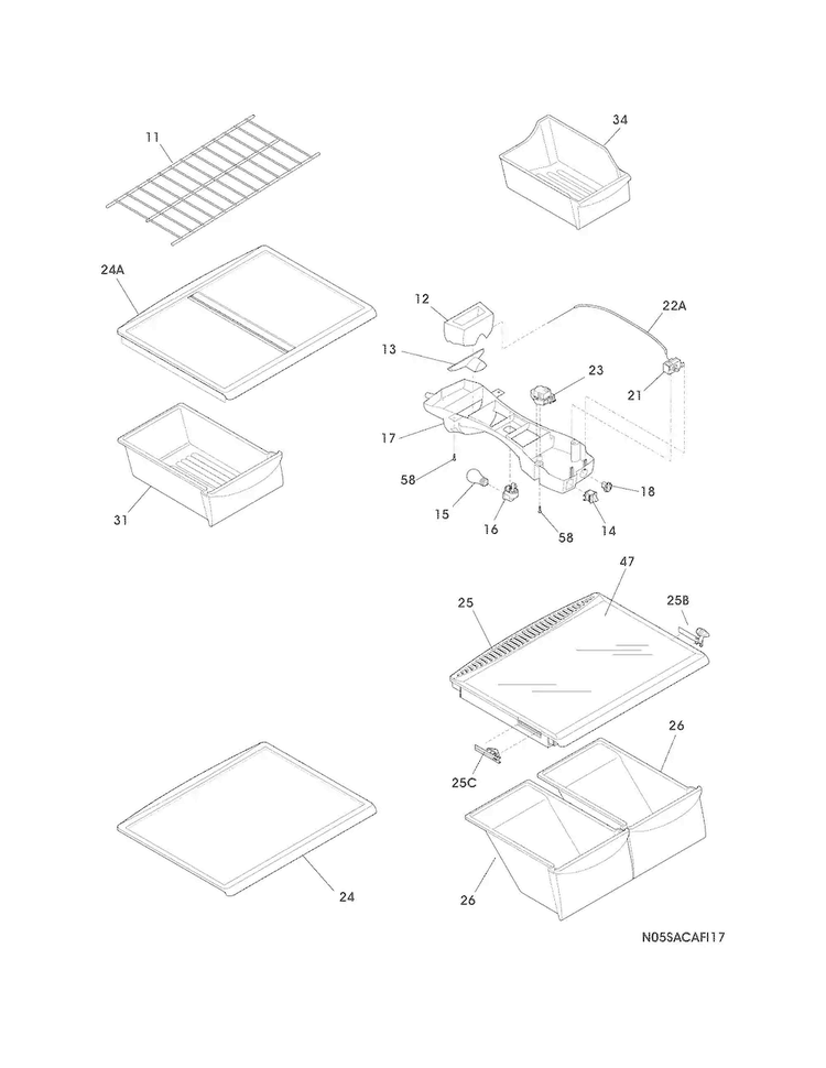 Shelves Diagram and Parts List for FFHI2126PS4  Frigidaire Refrigerator