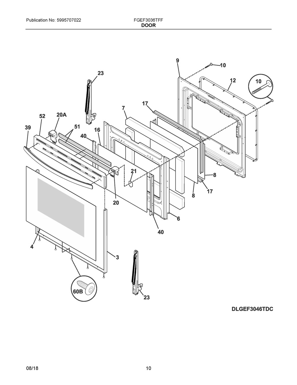 Door Diagram and Parts List for FGEF3036TFF  Frigidaire Range