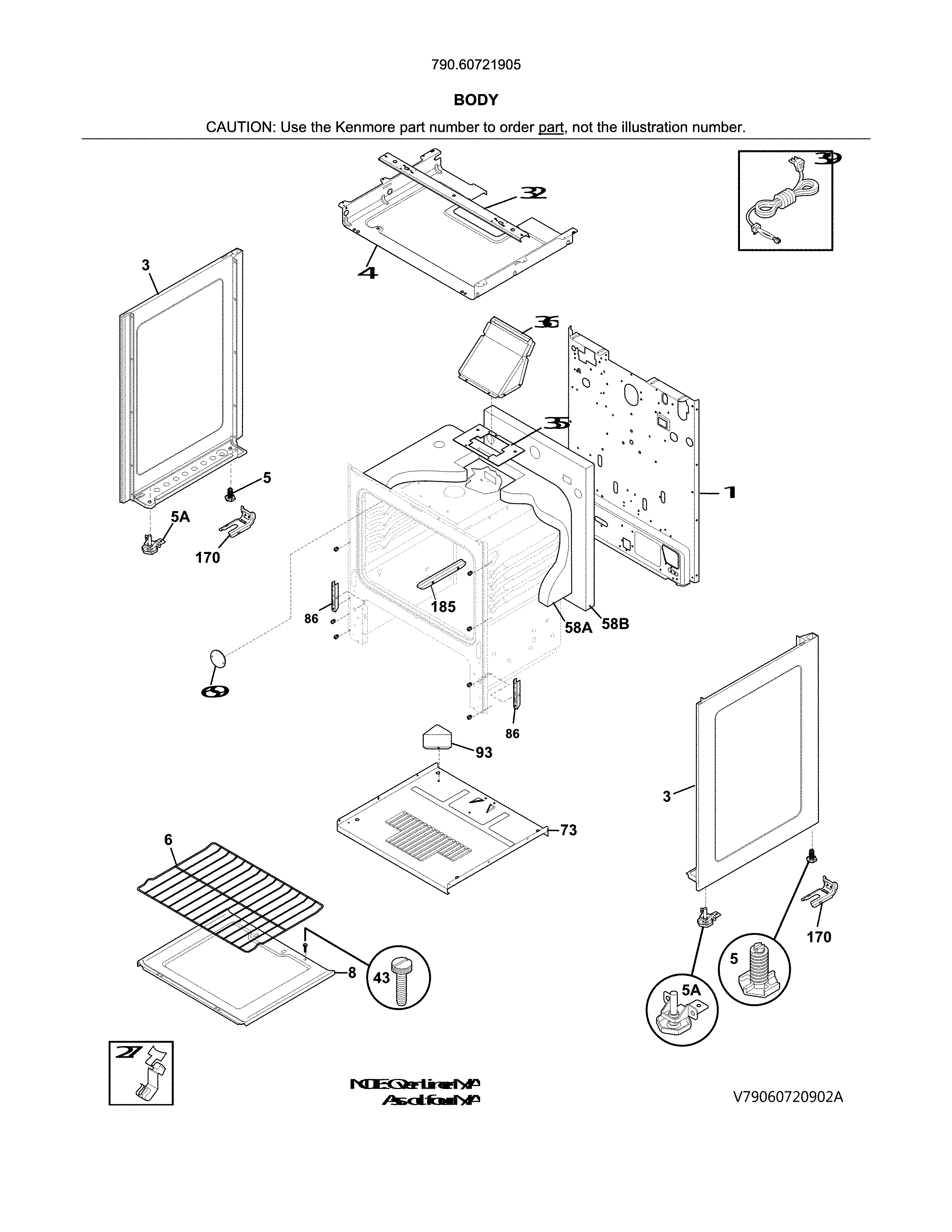 Body Diagram and Parts List for 79060721905  Kenmore Range