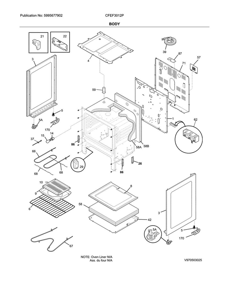 Body Diagram and Parts List for CFEF3012PWD  Frigidaire Range