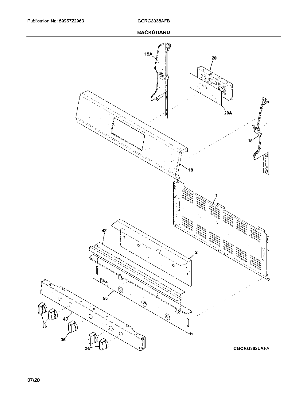 Backguard Diagram and Parts List for GCRG3038AFB  Frigidaire Range