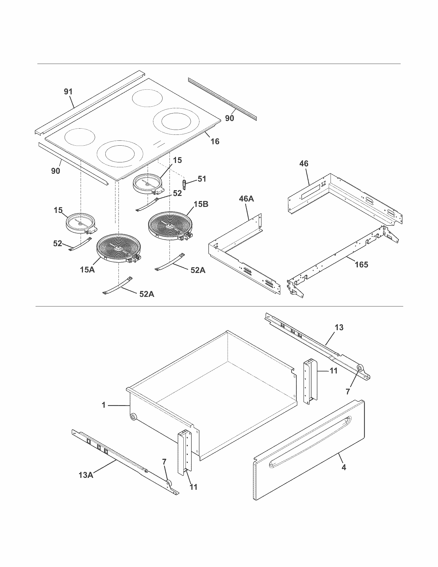 Top/drawer Diagram and Parts List for 79042531310  Kenmore Range