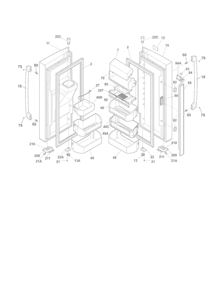 Fresh Food Doors Diagram and Parts List for FPHF2399MF6  Frigidaire Refrigerator