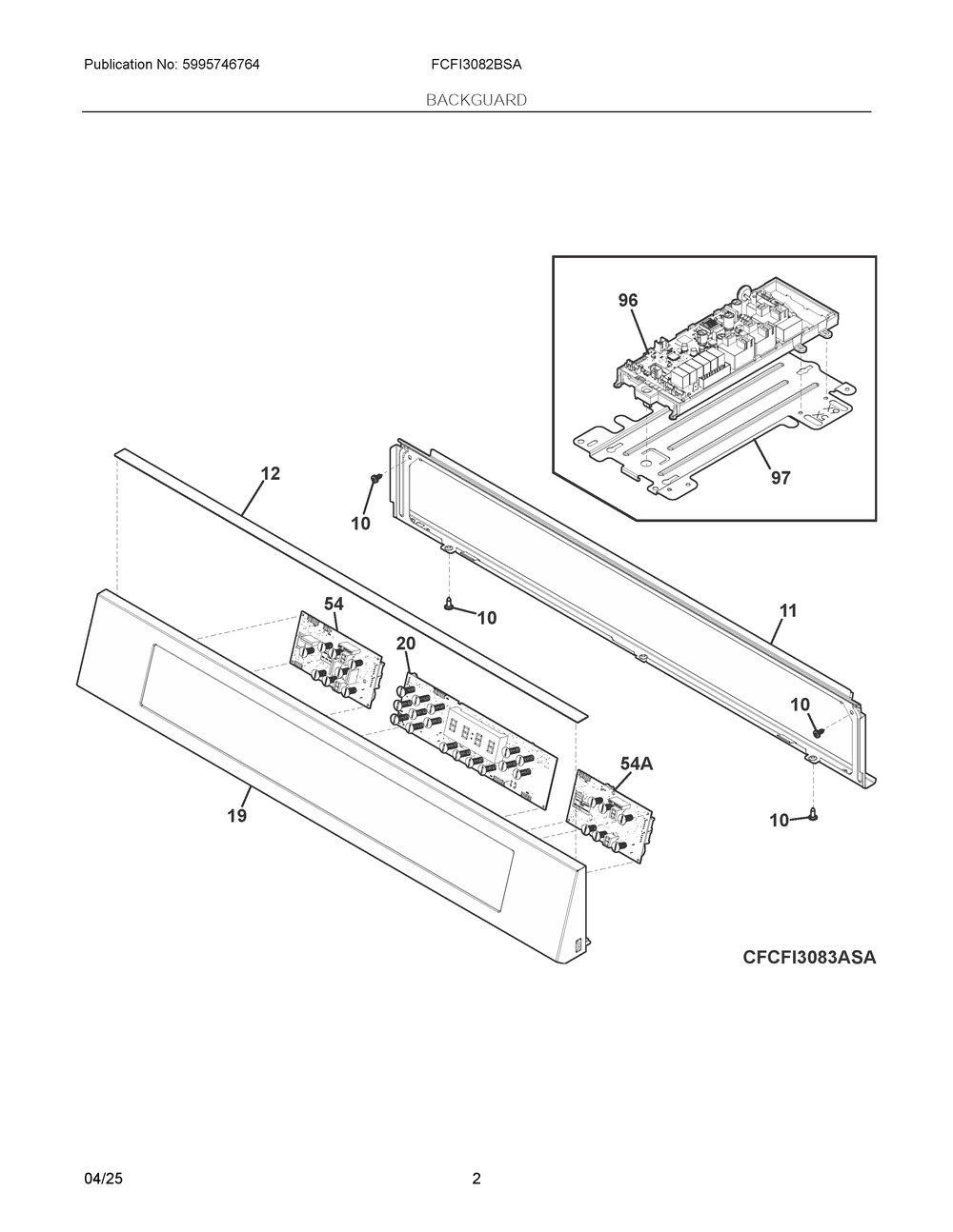 Backguard Diagram and Parts List for FCFI3082BSA  Frigidaire Range