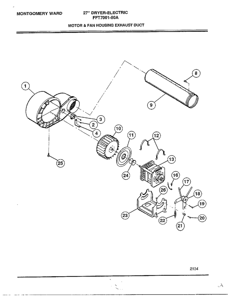Motor And Fan Housing Exhaust Duct Diagram and Parts List for 7001-80A  Frigidaire Dryer