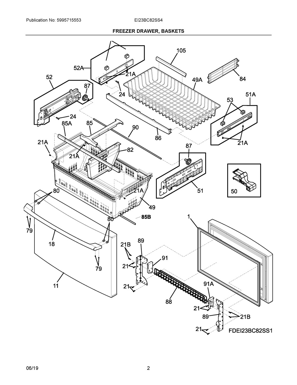 Freezer Drawer, Baskets Diagram and Parts List for EI23BC82SS4  Frigidaire Refrigerator