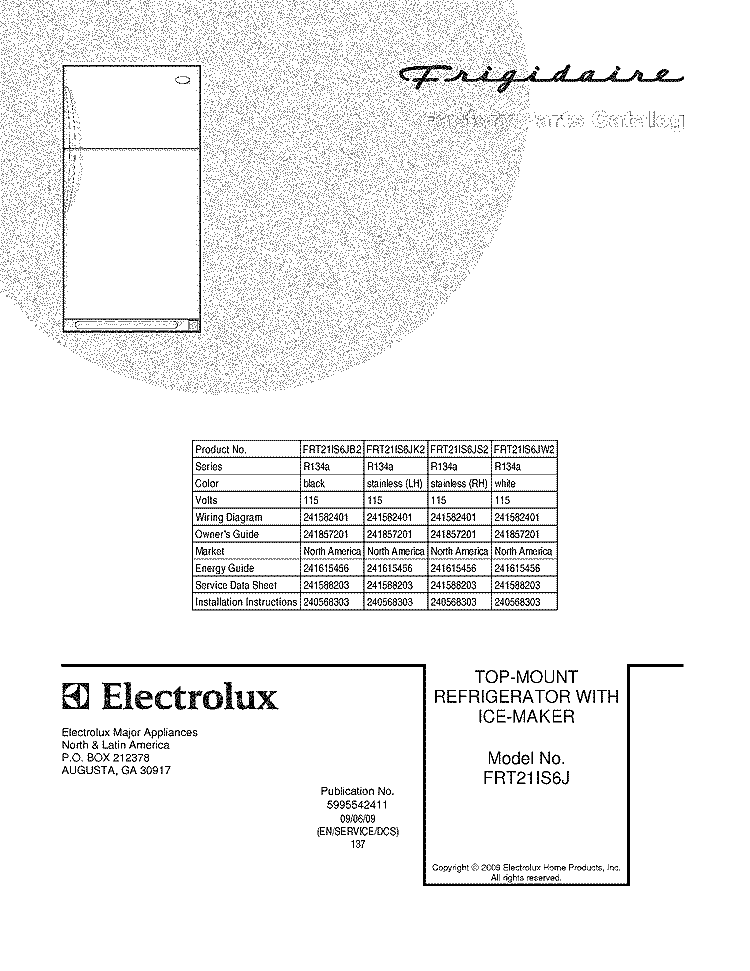 COVER Diagram and Parts List for FRT21IS6JS2  Frigidaire Refrigerator