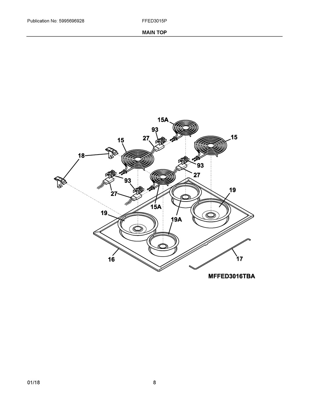 Main Top Diagram and Parts List for FFED3015PBE  Frigidaire Range