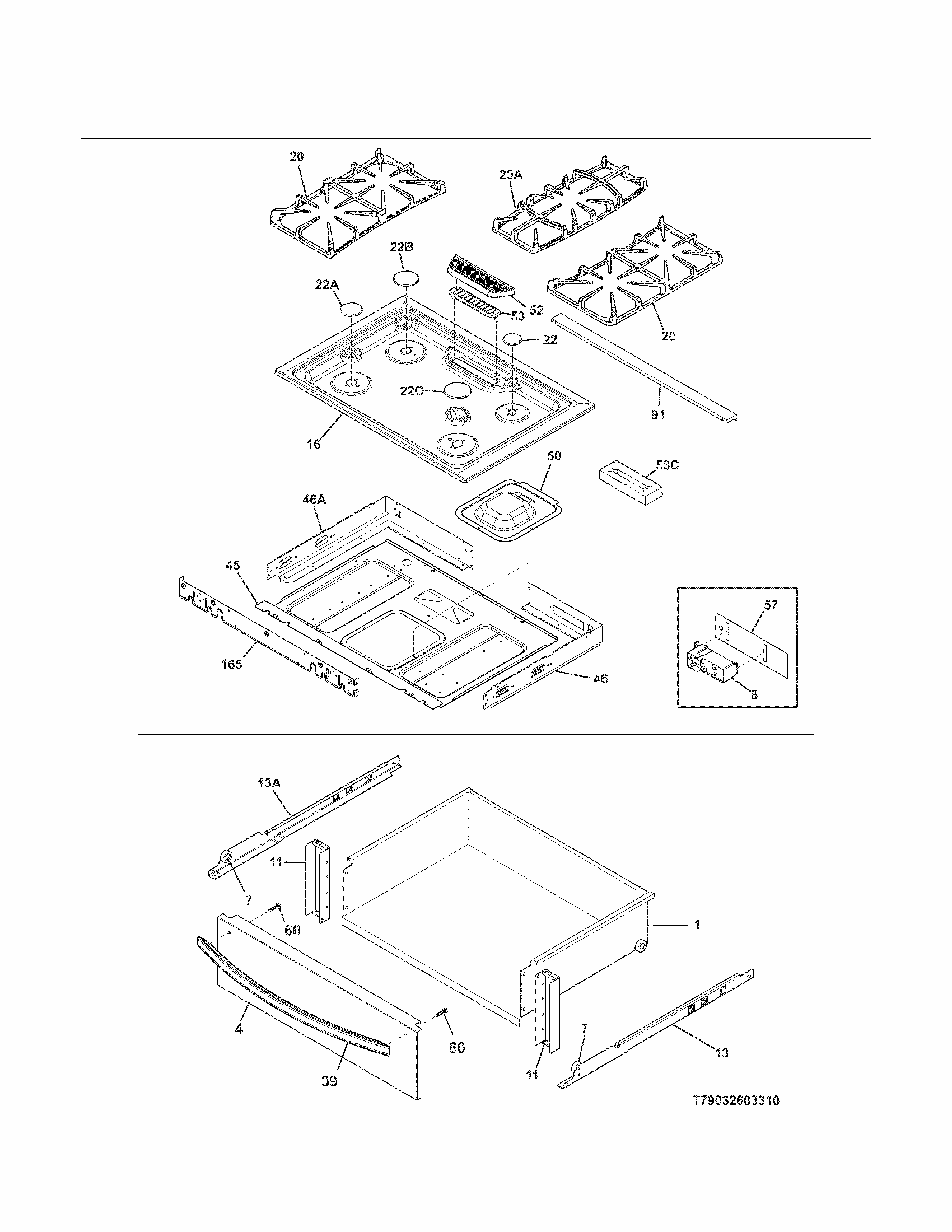 Top/drawer Diagram and Parts List for 79032603312  Kenmore Range