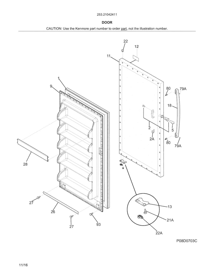 Door Diagram and Parts List for 25321042411  Kenmore Freezer