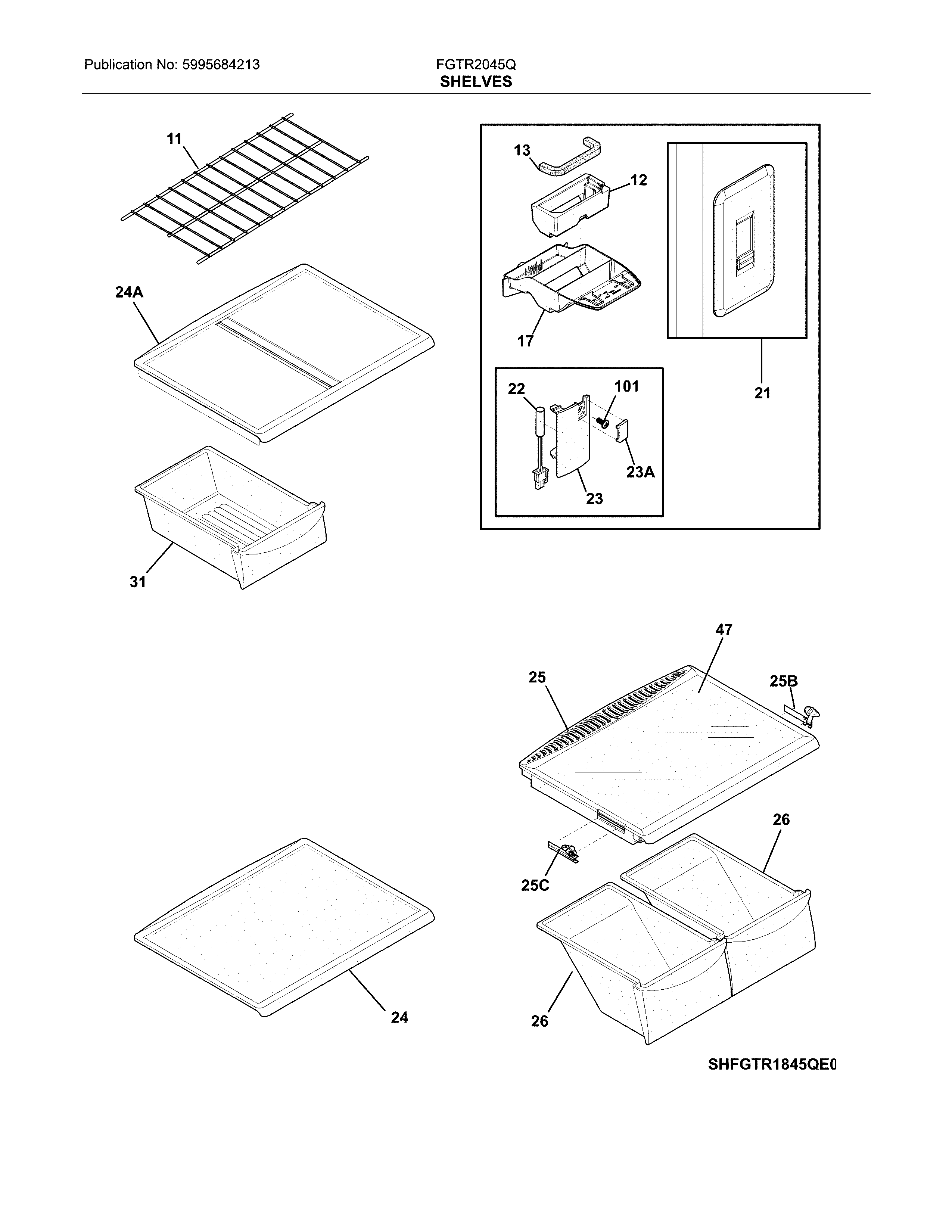 Shelves Diagram and Parts List for FGTR2045QP2  Frigidaire Refrigerator