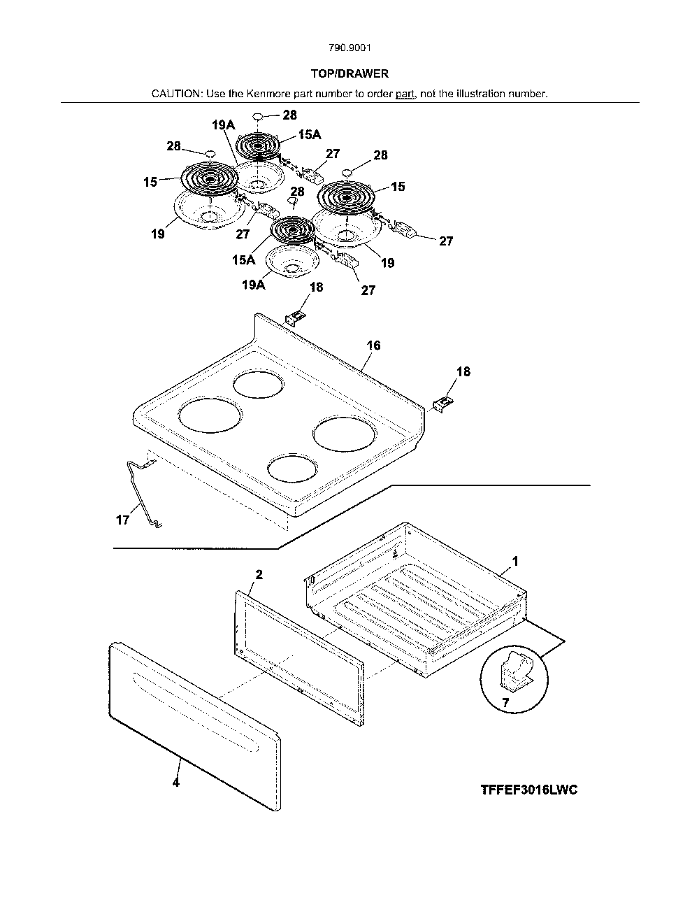 Top/drawer Diagram and Parts List for 79090011314  Kenmore Range