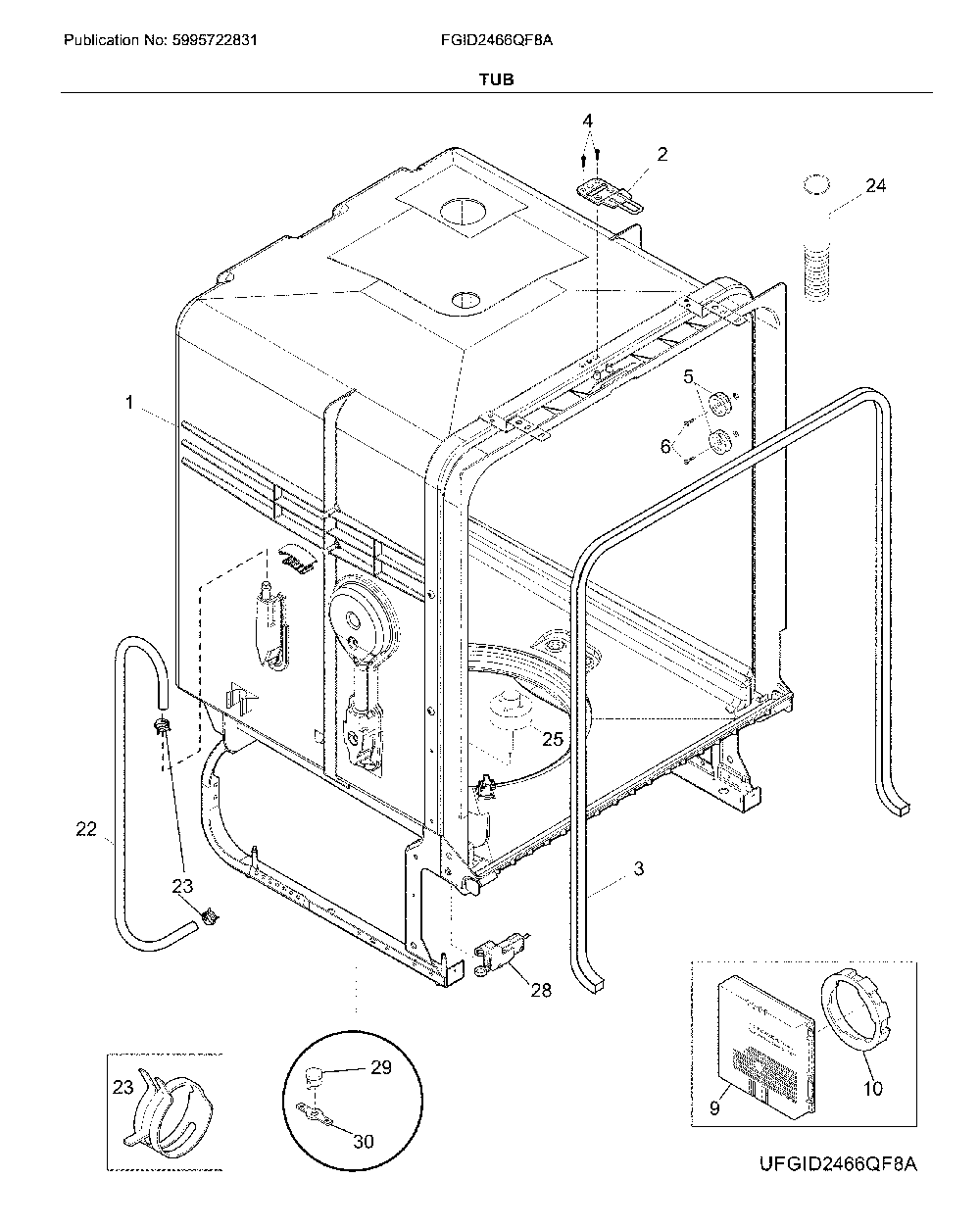 Tub Diagram and Parts List for FGID2466QF8A  Frigidaire Dishwasher