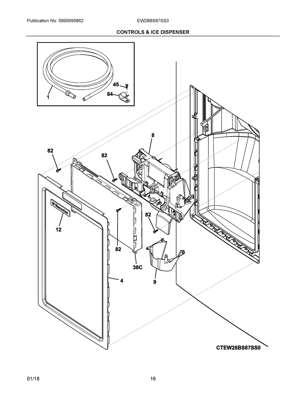 Controls & Ice Dispenser Diagram and Parts List for EW28BS87SS3  Frigidaire Refrigerator