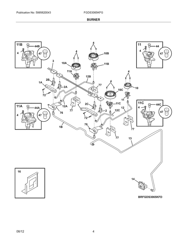 Burner Diagram and Parts List for FGDS3065KFG  Frigidaire Range