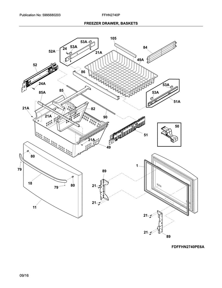 Freezer Drawer, Baskets Diagram and Parts List for FFHN2740PE8A  Frigidaire Refrigerator